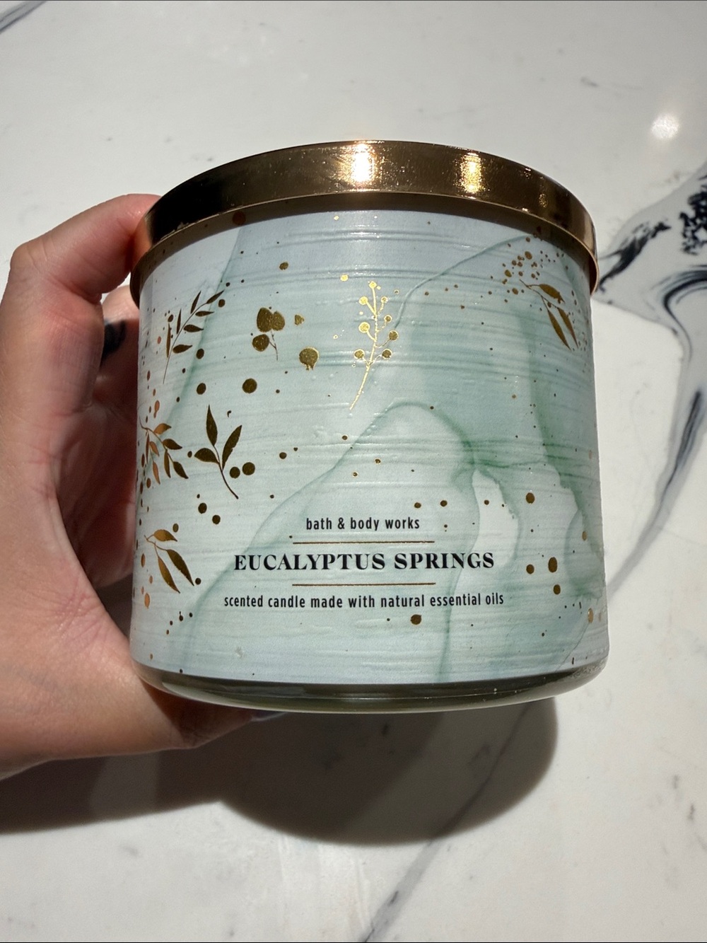 Bath & Body Works Eucalyptus Springs Candle - Green & Gold Marble